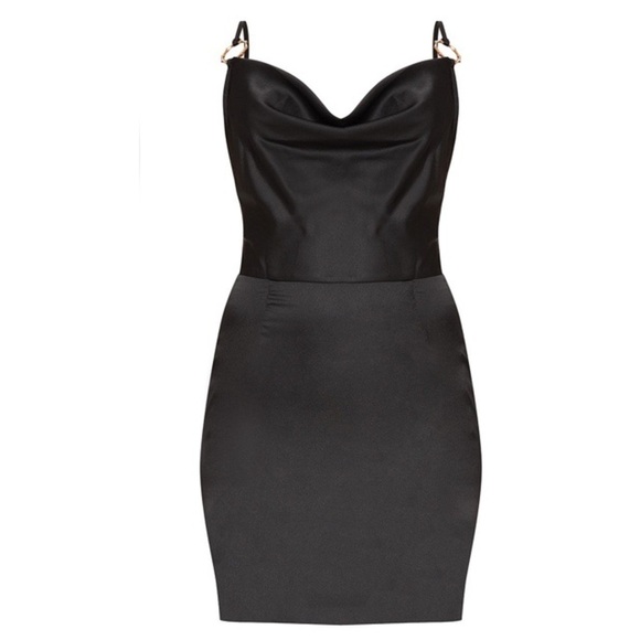 PrettyLittleThing Black Satin Cowl Neck Ring Detail Bodycon Dress Size 6 - Picture 4 of 13